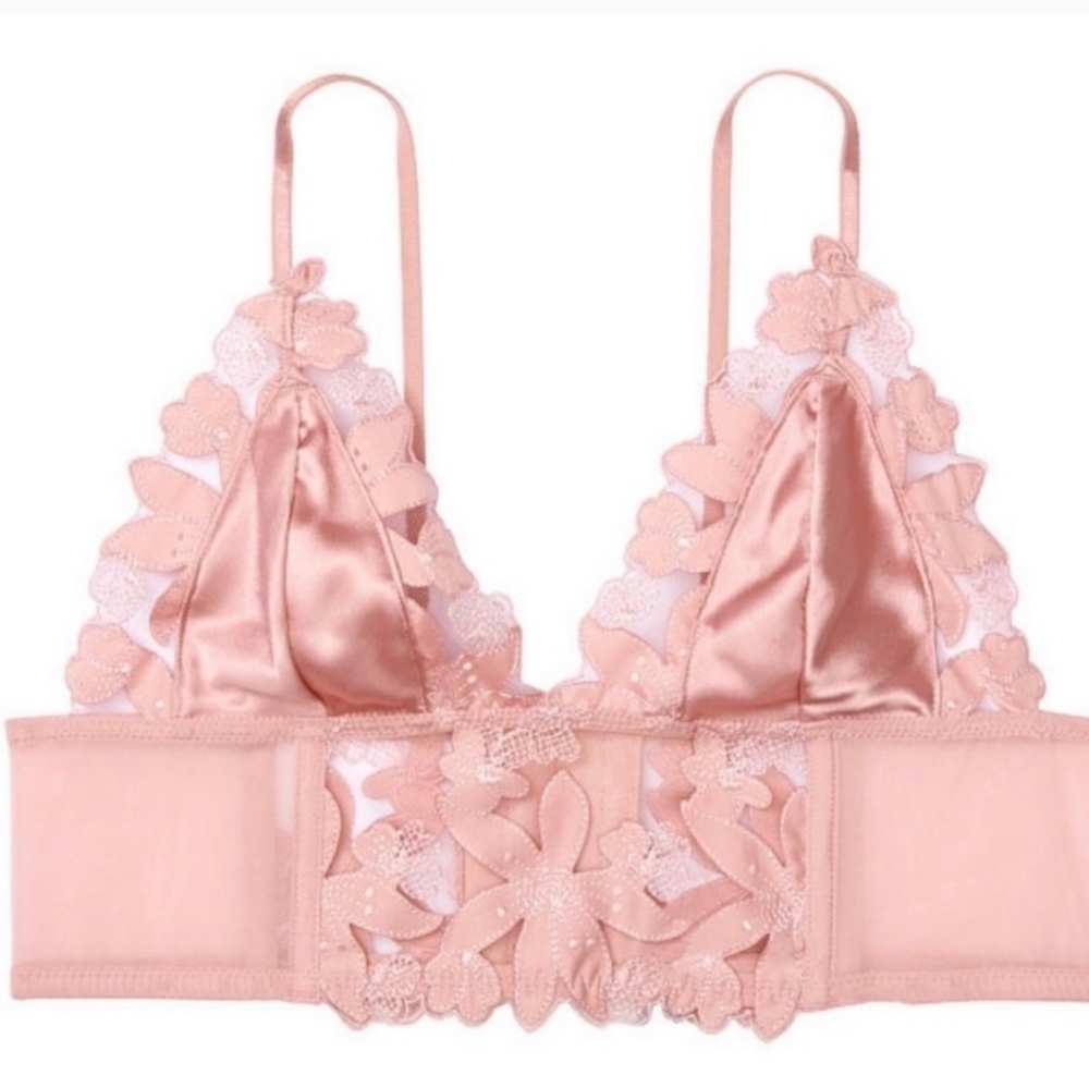 Victoria’s Secret ✦ Unlined Triangle Longline Bra ✦ Pink Floral Lace Embroidery